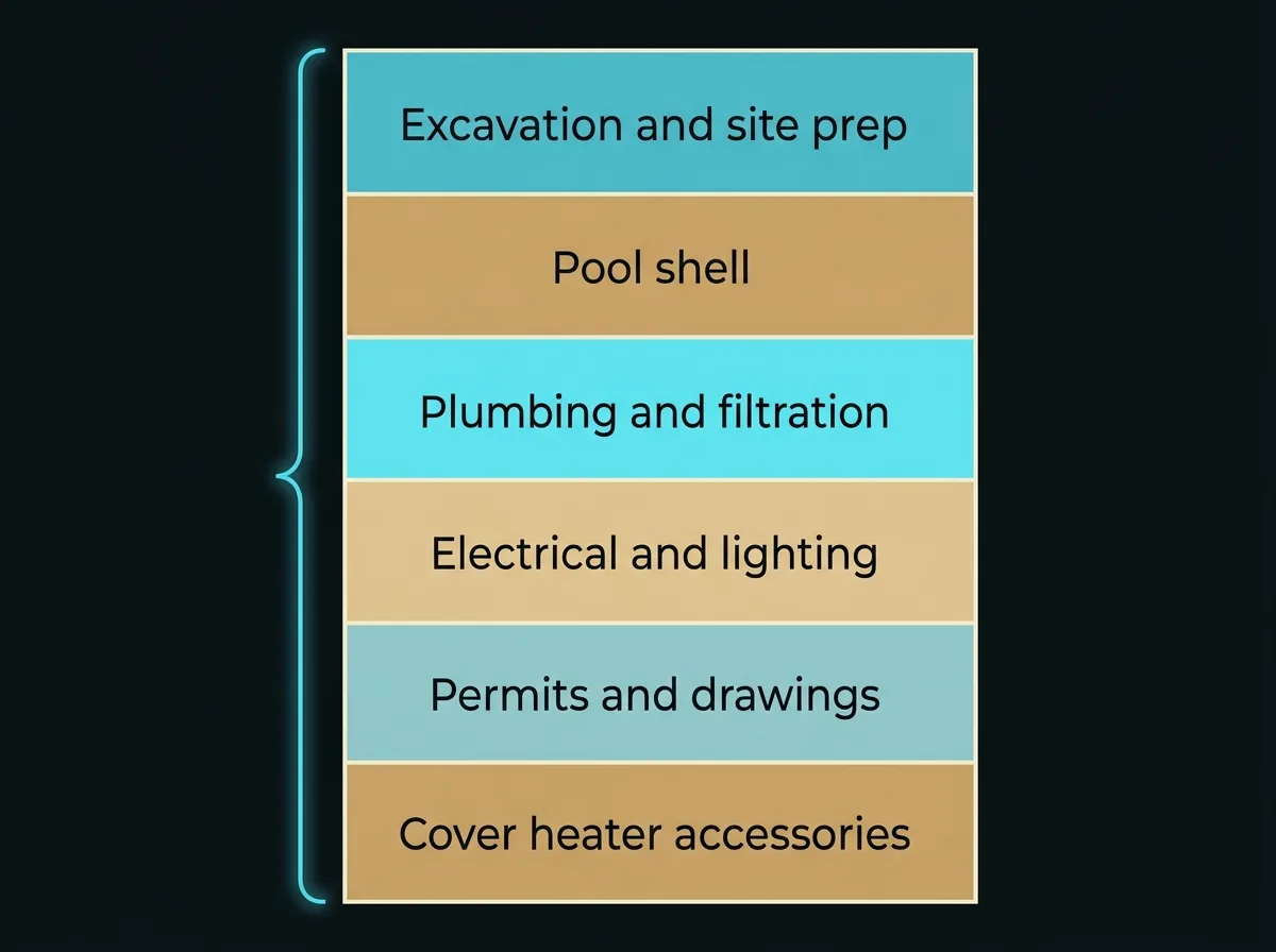 Flat diagram of a pool build quote drawn as six stacked bands, labelled excavation and site prep, pool shell, plumbing and filtration, electrical and lighting, permits and drawings, and cover, heater and accessories
