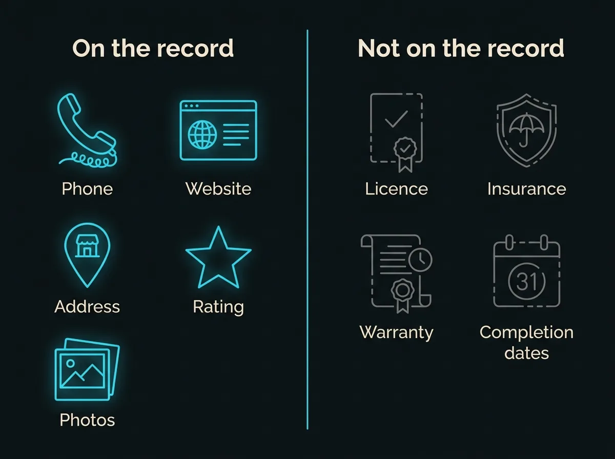 Flat two-column comparison diagram, one column headed on the record listing phone, website, address, rating and photos, the other headed not on the record listing licence, insurance, warranty and completion dates