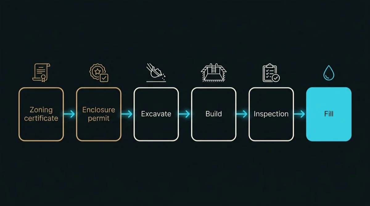 Flat left to right process diagram of the Toronto pool sequence, with six labelled stages running zoning certificate, enclosure permit, excavate, build, inspection and fill