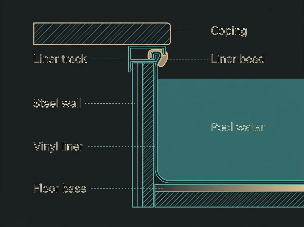 Flat cross-section diagram of the edge of a vinyl liner pool showing the coping, the liner track, the liner bead clipped into the track, the steel wall panel behind the liner and the pool floor base