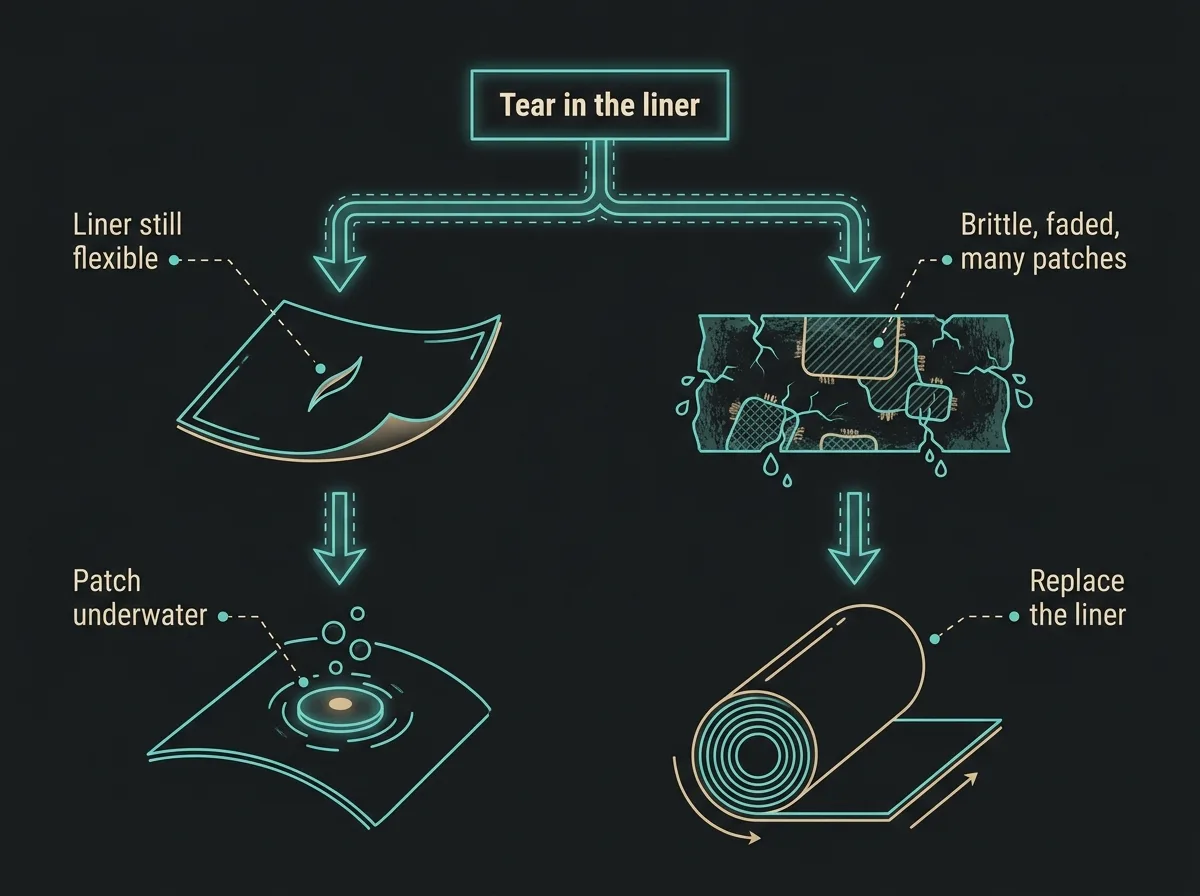 Flat decision diagram with two paths: a small tear in a flexible liner leads to an underwater patch, while a brittle, faded liner with many patches and new leaks leads to a full replacement