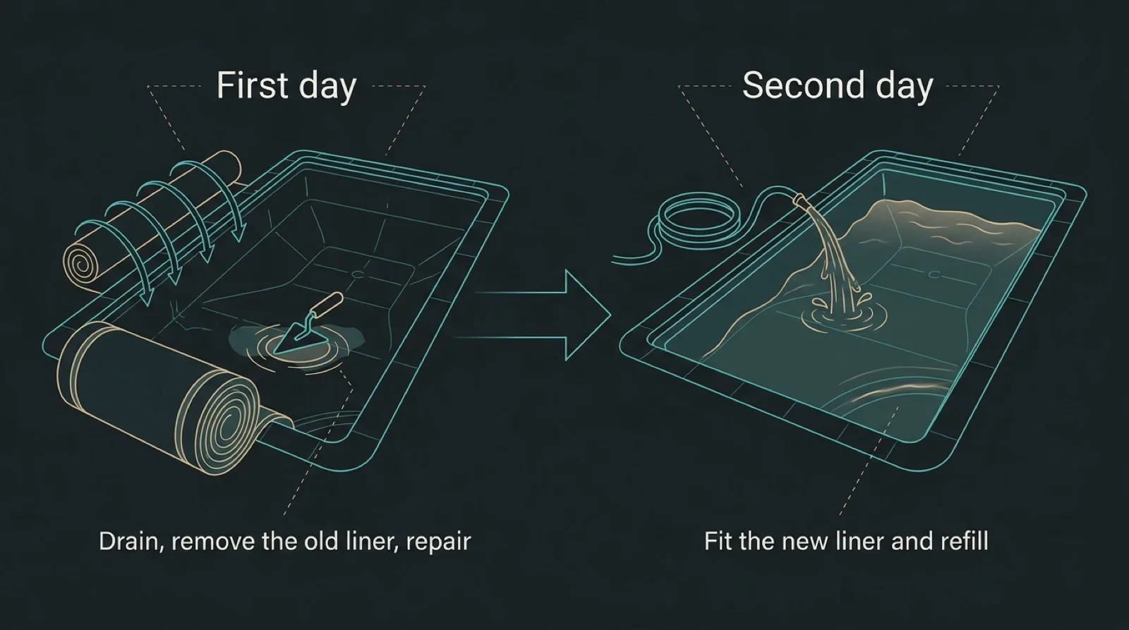 Flat two-step timeline diagram of a liner replacement: the first day shows a drained pool with the old liner removed and the walls repaired, the second day shows the new liner fitted and water flowing back in
