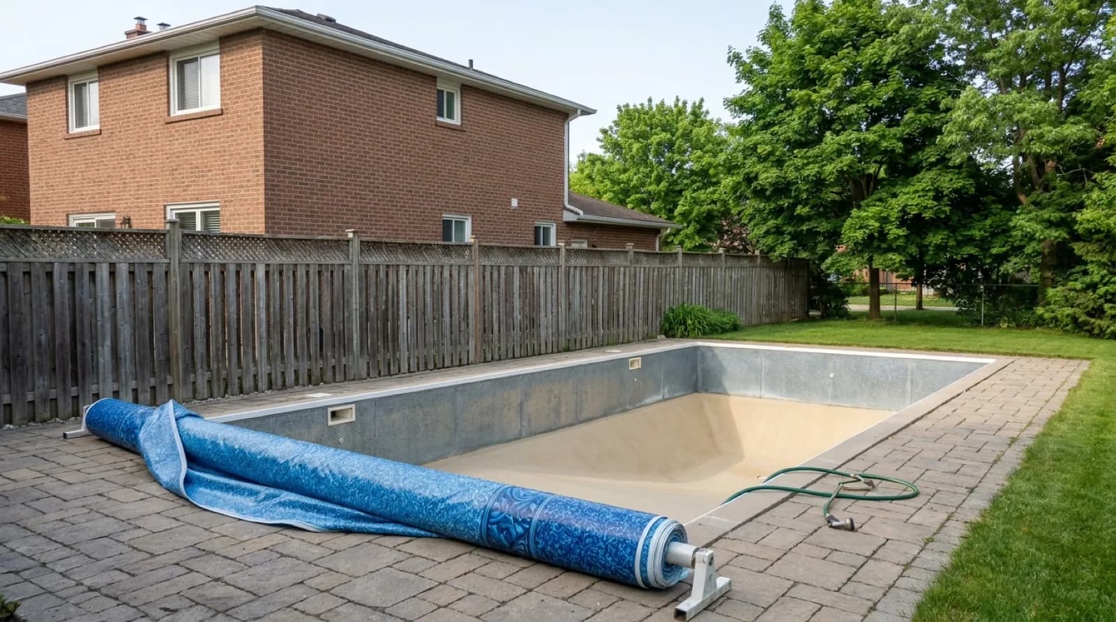 A drained rectangular inground pool with bare grey steel walls and a sand-coloured floor, a roll of new blue patterned vinyl liner lying on the interlock deck beside it and a garden hose at the edge, with a wood fence and a brick house behind