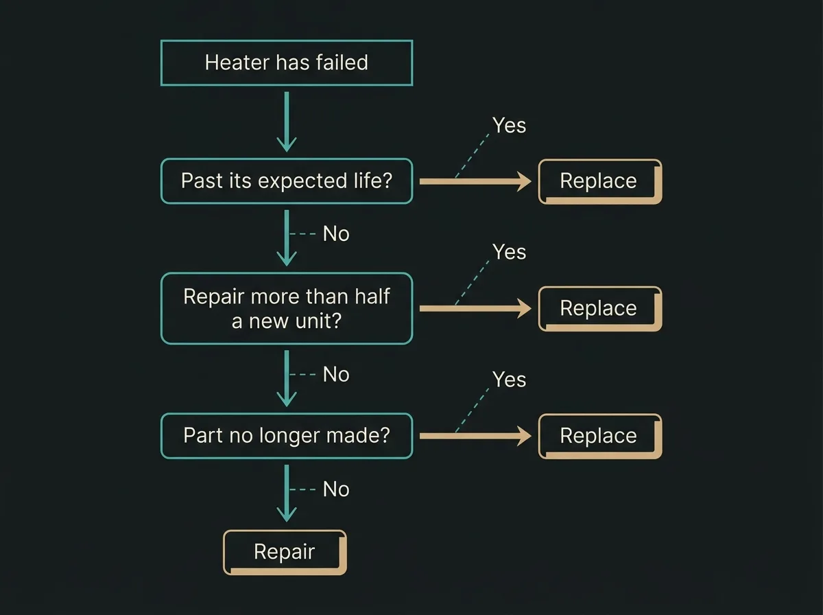 Flat decision diagram for a failed pool heater with three questions leading to repair or replace: is the heater old, does the repair cost more than half a new unit, and can the part still be found