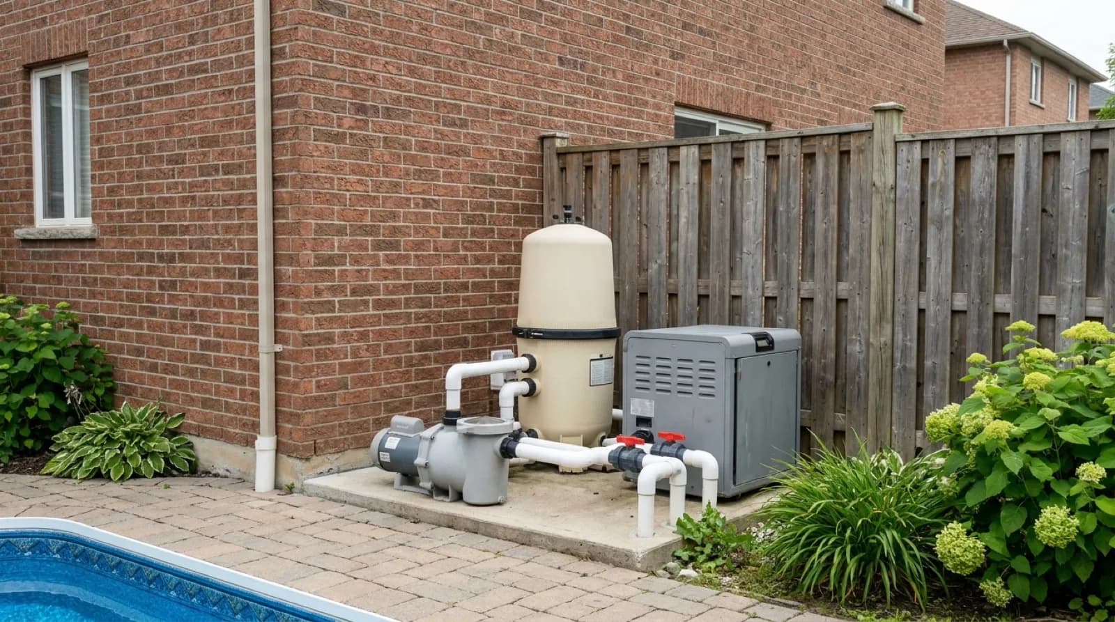 A pool equipment pad beside a backyard pool with a pump, a tall filter tank and a pool heater connected by white plastic pipes and valves, next to a brick house wall and a wood fence