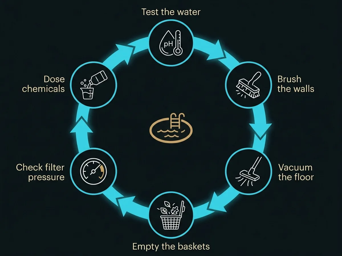 Flat circular process diagram of a weekly pool service visit, with six labelled steps running test the water, brush the walls, vacuum the floor, empty the baskets, check filter pressure and dose chemicals