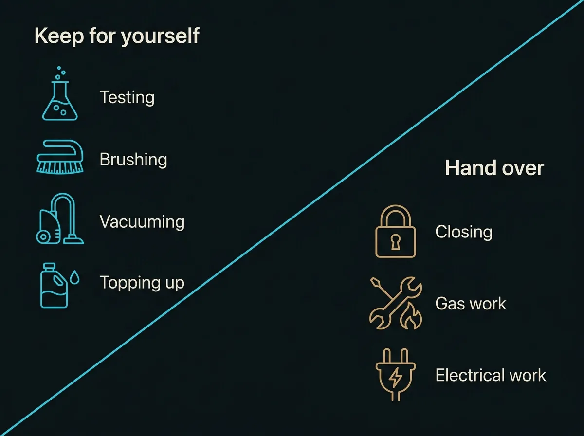 Flat split diagram with one side headed keep for yourself listing testing, brushing, vacuuming and topping up, and the other headed hand over listing the closing and any gas or electrical work