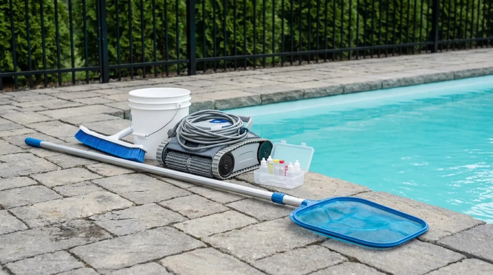 A telescopic pool skimmer net and a robotic pool cleaner resting on the interlock deck beside a clean backyard pool, with test strips and a brush in a bucket nearby