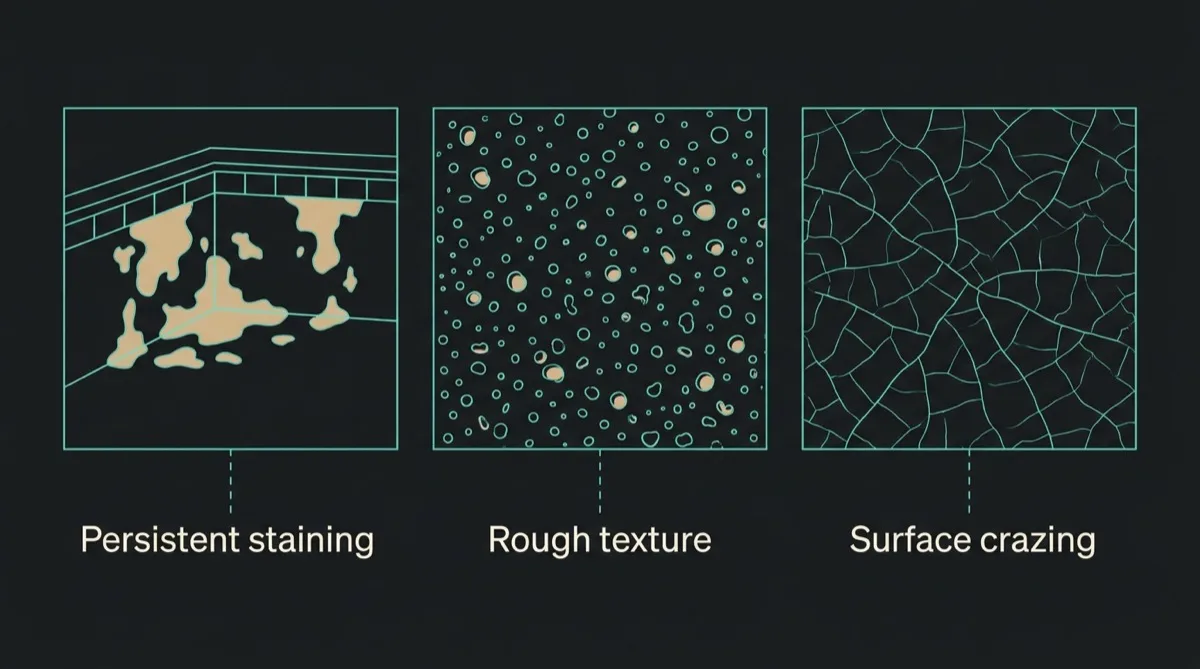 Flat three-panel diagram of a pool surface close-up: dark blotches labelled persistent staining, a pitted grainy patch labelled rough texture, and a web of fine lines labelled surface crazing
