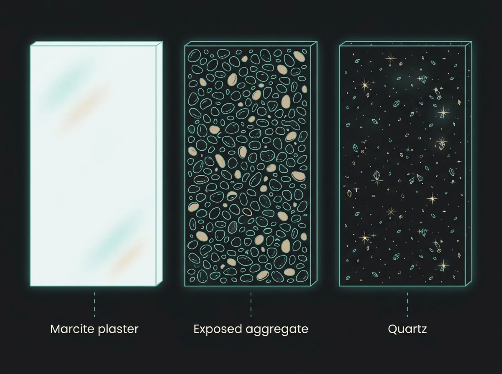 Flat side-by-side diagram of three pool surface swatches: smooth white plaster labelled marcite plaster, a speckled stony texture labelled exposed aggregate, and a fine sparkling grain labelled quartz