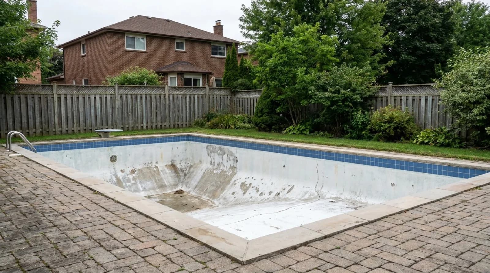 A drained concrete inground pool with a worn, stained white plaster interior and a long crack across the floor, a blue tile band along the top of the walls, stone coping and a ladder, in a backyard with a wood fence, trees and a brick house behind