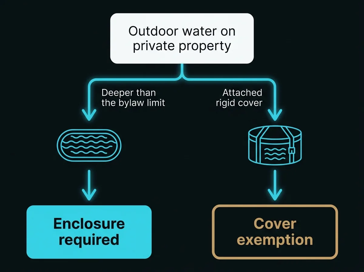Flat decision diagram in which one branch leads from an outdoor pool to a required enclosure and the other leads from a hot tub with an attached cover to an exemption