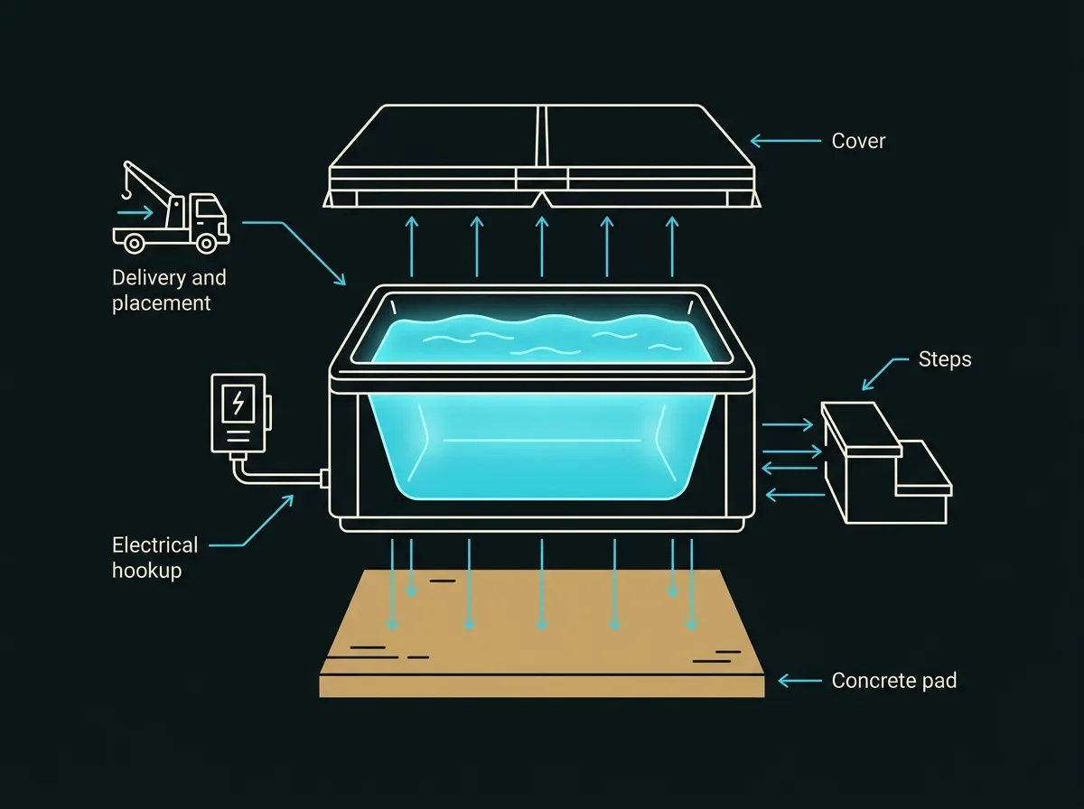 Flat exploded diagram of a hot tub or swim spa with callout labels for the concrete pad, electrical hookup, delivery and placement, cover and steps