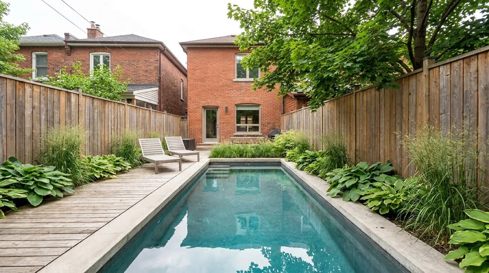 A small rectangular plunge pool set into a compact Toronto back garden, with a cedar deck on one side, a wooden privacy fence and the rear wall of a semi-detached brick house behind it