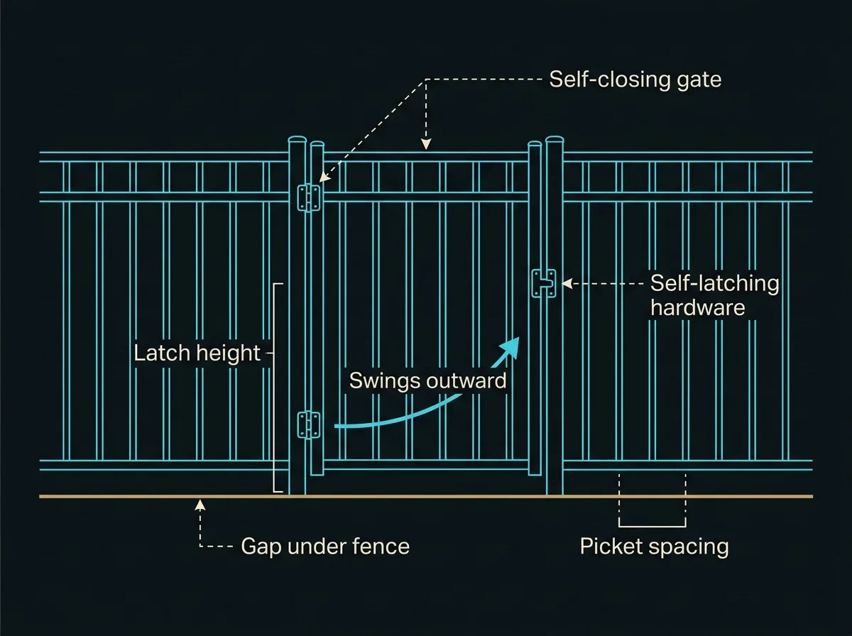 Flat diagram of a pool fence and gate with callout labels for the self-closing gate, self-latching hardware, latch height, outward swing, gap under the fence and picket spacing