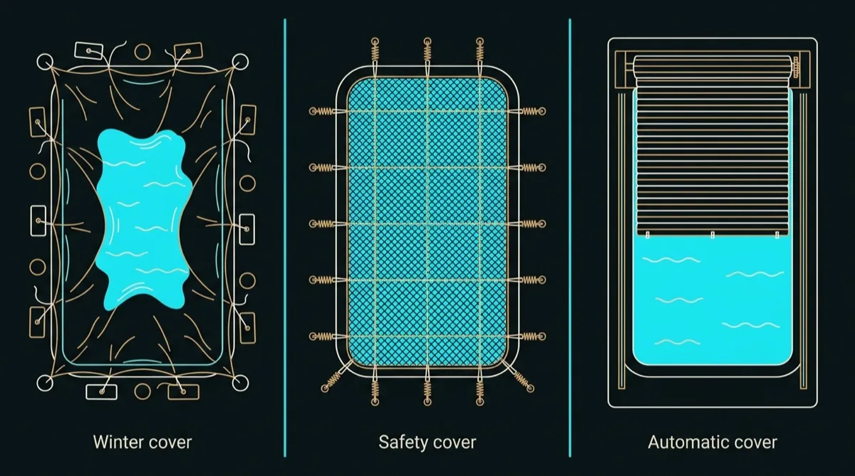 Flat three-panel comparison of a winter cover pulled over a pool, a taut manual safety cover anchored to the deck and an automatic cover rolling out of a housing at one end