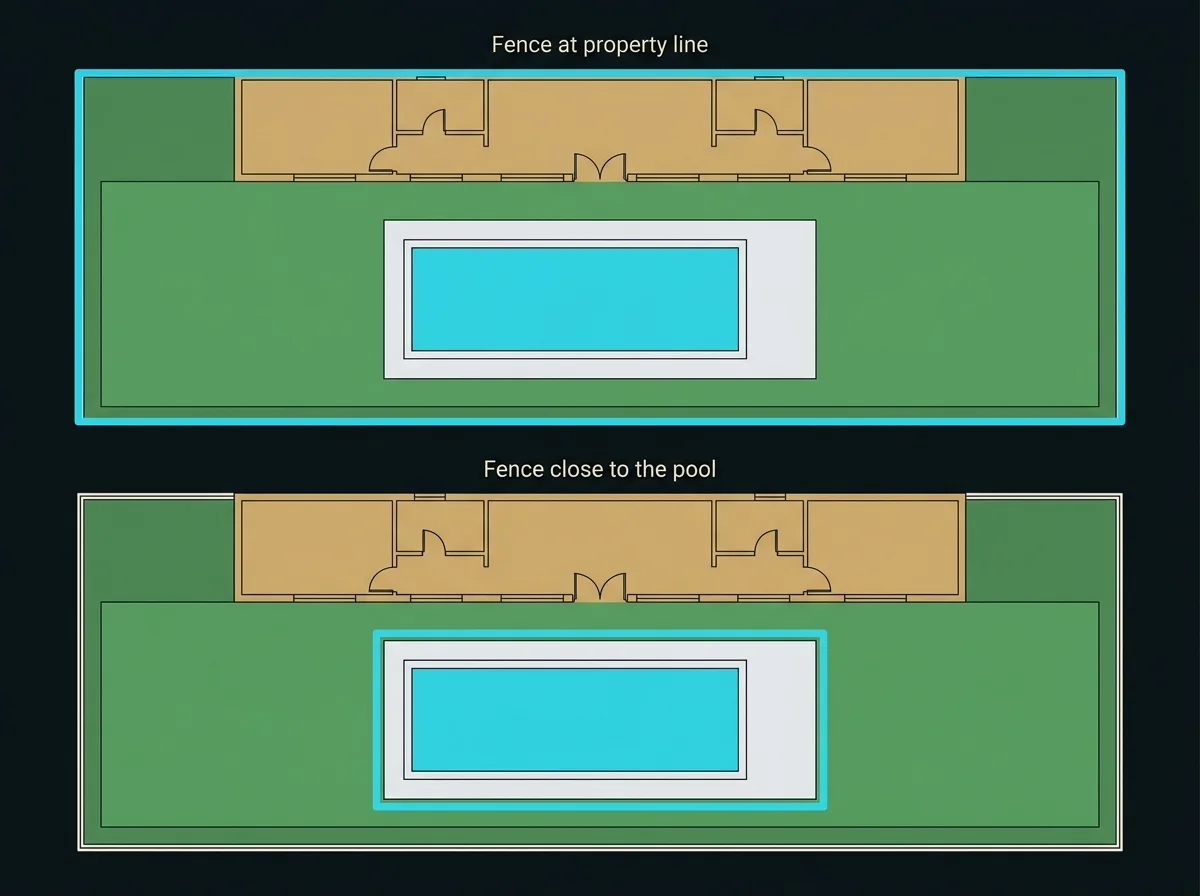 Flat plan-view diagram of one back garden drawn twice, once with the fence at the property line and once with the fence set close around the pool, showing the difference in fence length