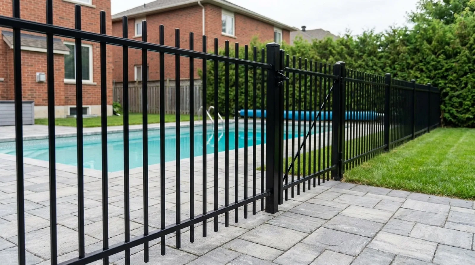 A black aluminum picket pool fence with a closed self-latching gate running between an interlock pool deck and a lawn, with a backyard pool behind it and a brick house in the background