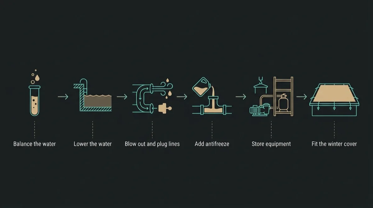 Flat left-to-right process diagram of a pool closing: balance the water, lower the water level, blow out and plug the lines, add antifreeze, remove and store equipment, fit the winter cover