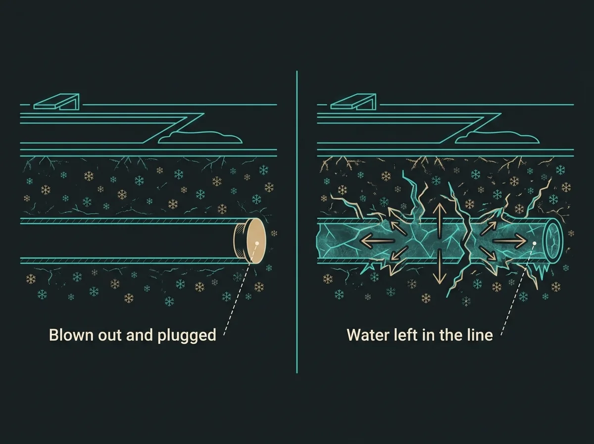 Flat diagram comparing two buried pool pipes in winter: one blown out and plugged and left intact, the other still holding water that has frozen, expanded and split the pipe