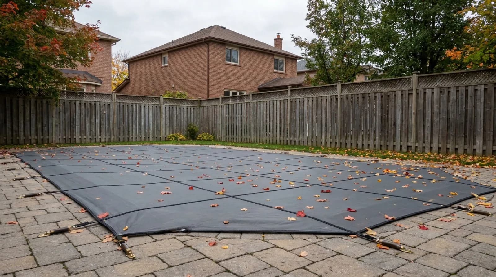 An inground backyard pool closed for the winter under a taut dark safety cover, with fallen maple leaves on the cover and on the interlock deck, a brick house and a wooden privacy fence behind it
