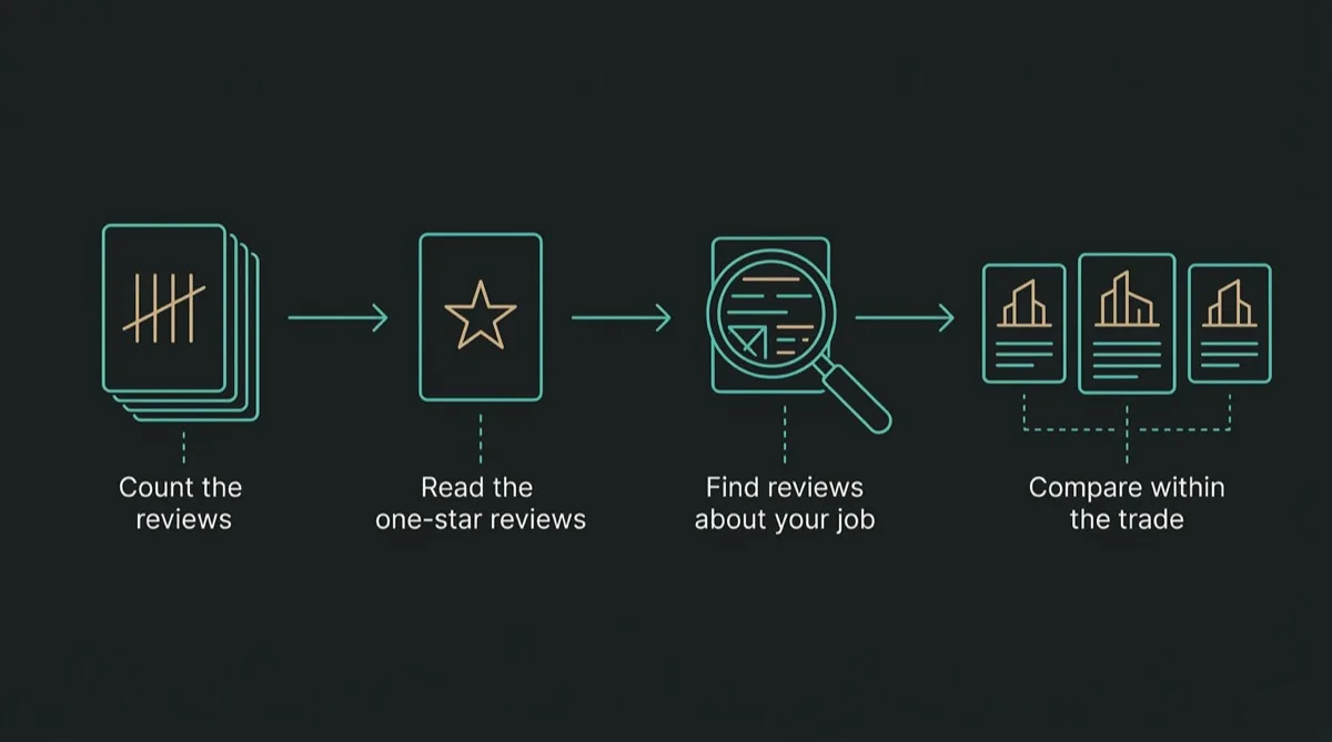 Flat left-to-right process diagram with four steps: count the reviews, read the one-star reviews, find reviews about your job, compare within the trade