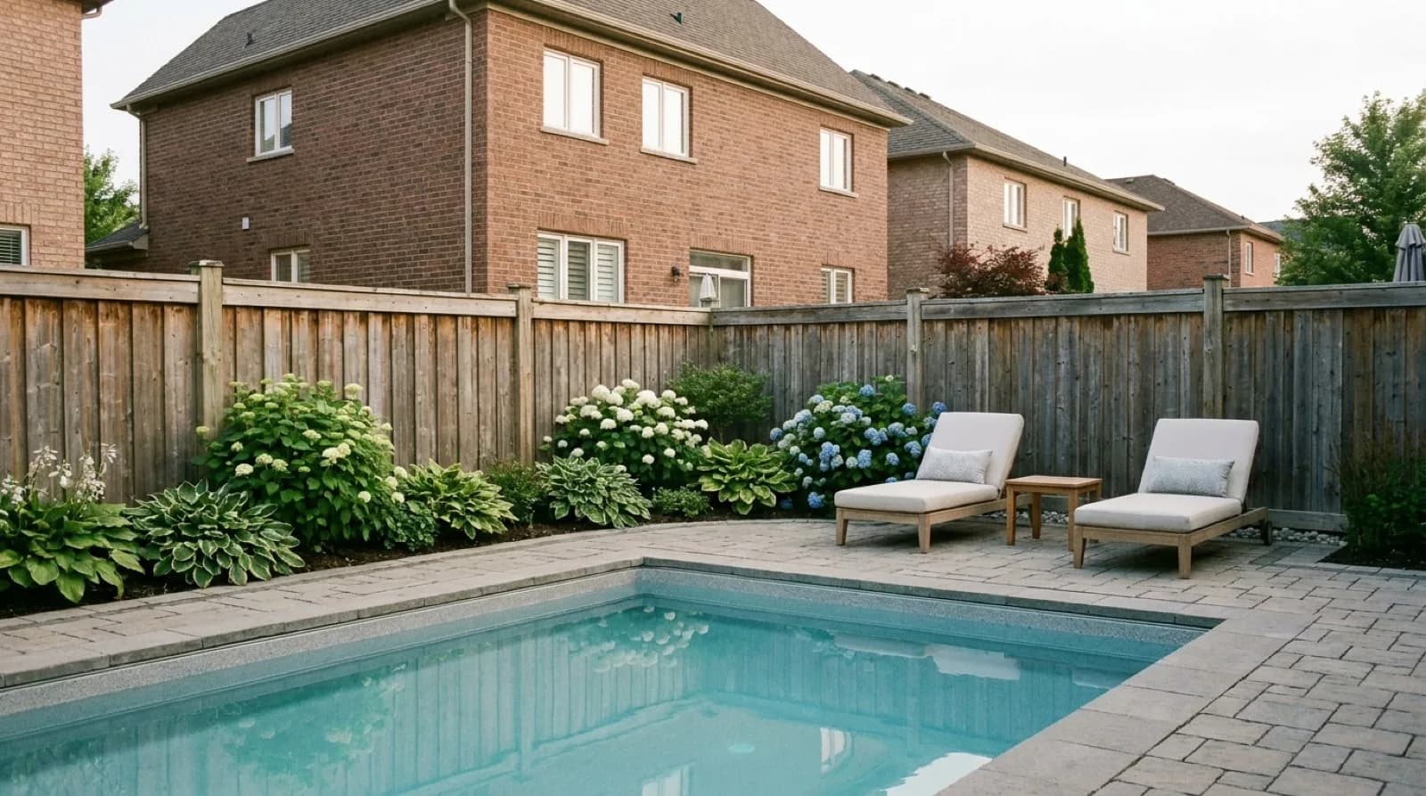 A finished inground pool with an interlock patio and outdoor chairs in a GTA backyard in the early evening, with a brick house and a wood privacy fence behind