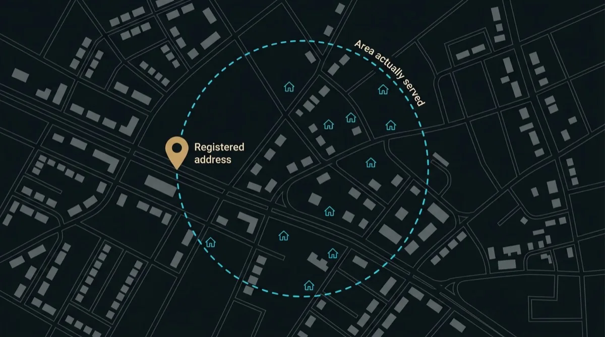 Flat schematic diagram showing a single business pin on a commercial strip with a wide dashed circle reaching across several surrounding residential blocks