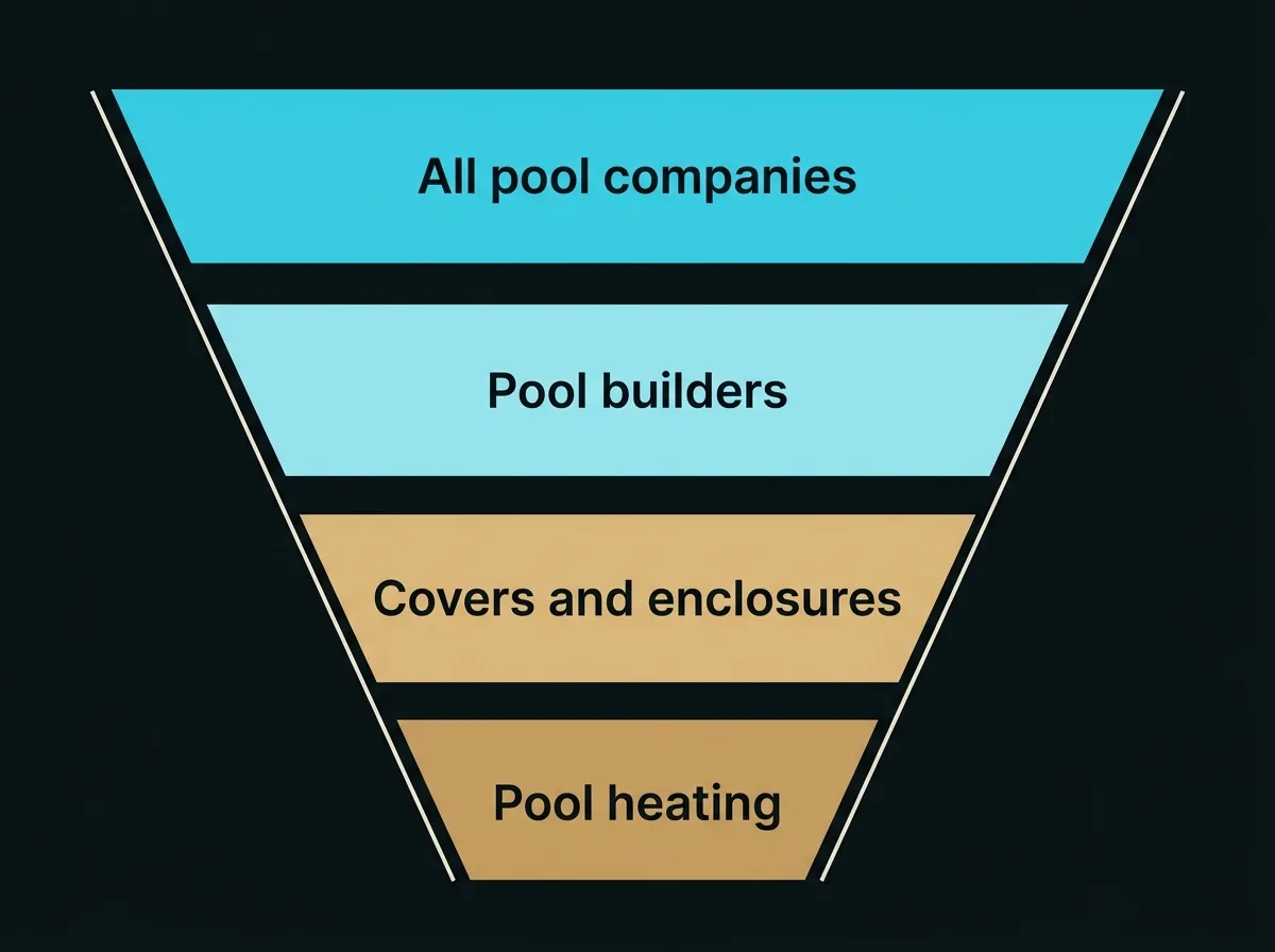 Flat funnel diagram of four narrowing bands labelled all pool companies, pool builders, covers and enclosures, and pool heating