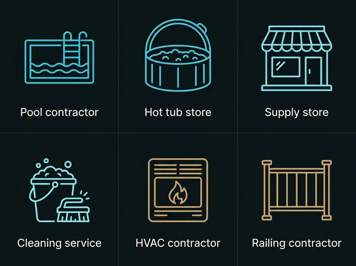 Flat icon grid of the trades that appear in a pool index, labelled pool contractor, hot tub store, supply store, cleaning service, HVAC contractor and railing contractor