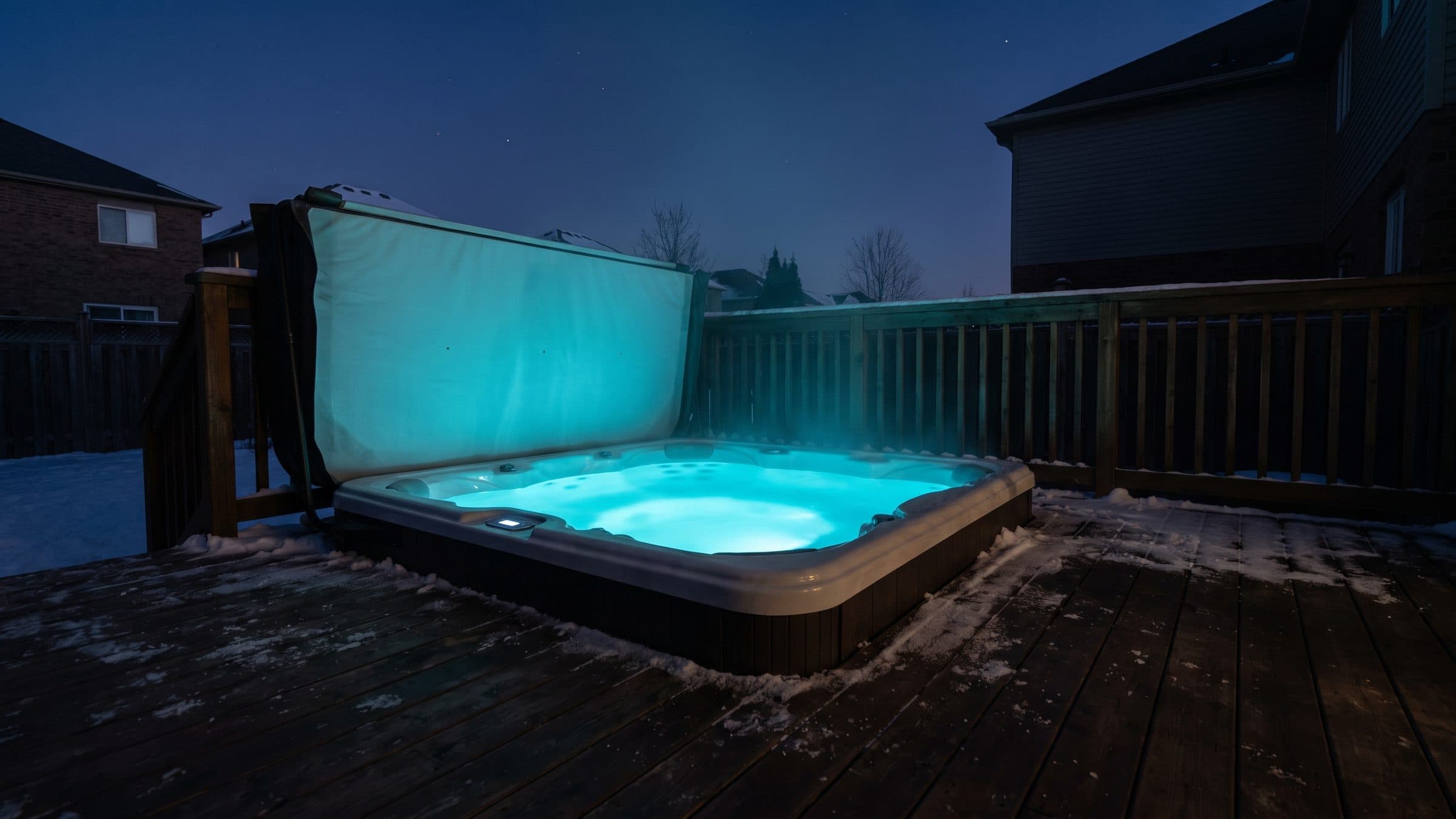 A hot tub set into a snow-dusted timber deck on a winter evening, its cover folded upright behind it and the water glowing cyan from the light inside, with the houses either side in darkness.