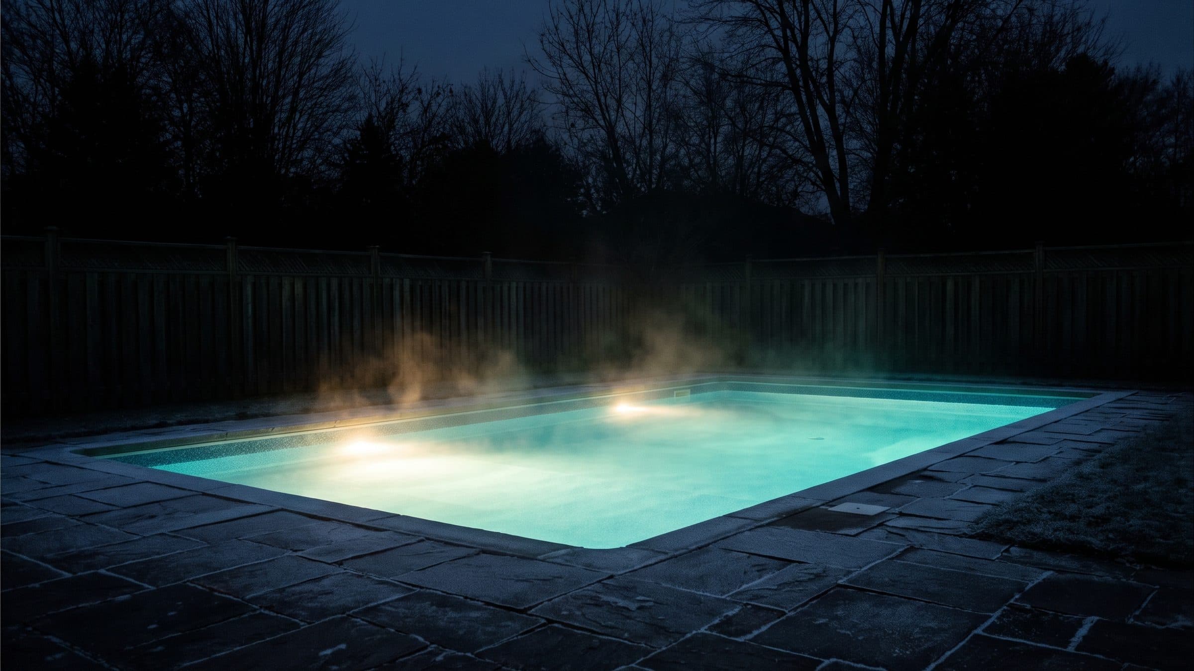 A backyard pool lit from underwater on a cold evening, with a thin layer of vapour drifting off the warm water and lifting past a dark board fence, the surrounding flagstone deck cold and unlit.