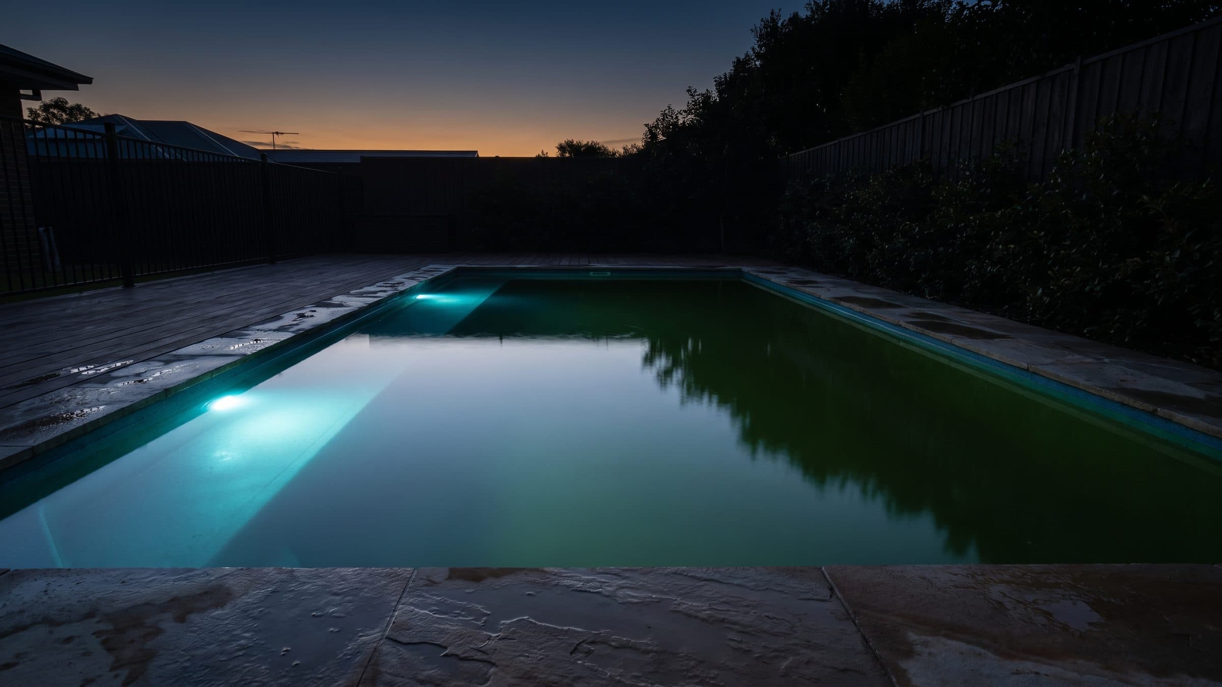 A backyard pool at dusk in which only one of its two underwater lights is working, so the near half of the water glows cyan and the far half stays dark and green, with wet stone coping along the near edge.